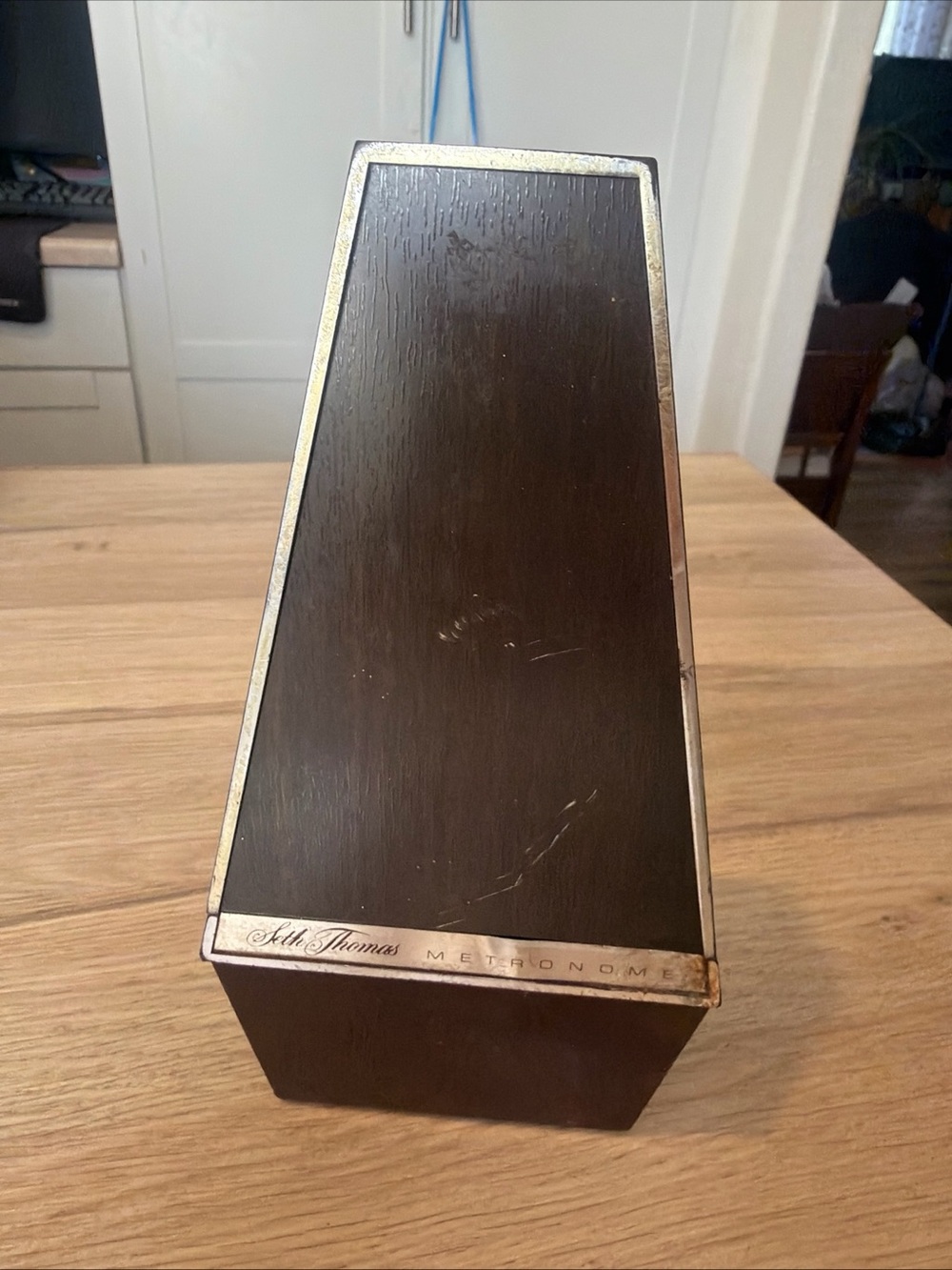 Vintage Seth Thomas Dark Brown Wood Metronome with Silver Trim